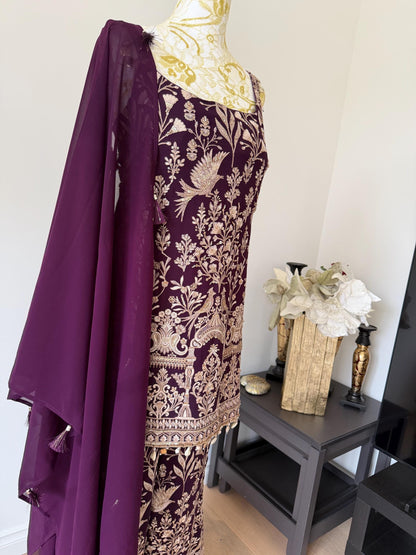 Wine Embroidered Georgette Suit Set