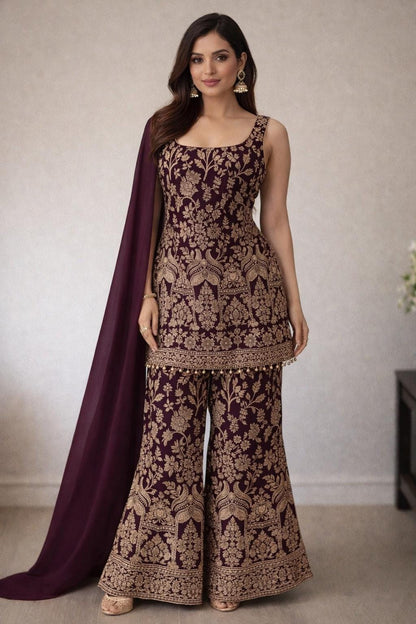 Wine Embroidered Georgette Suit Set
