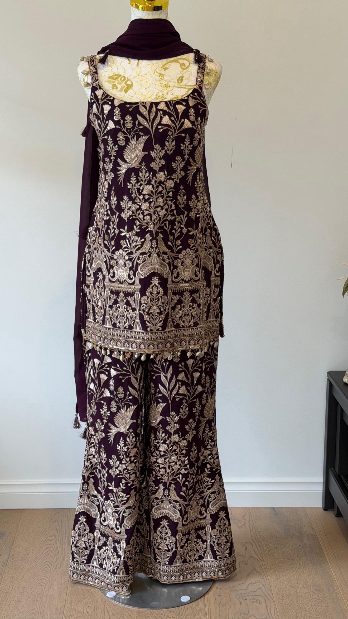 Wine Embroidered Georgette Suit Set