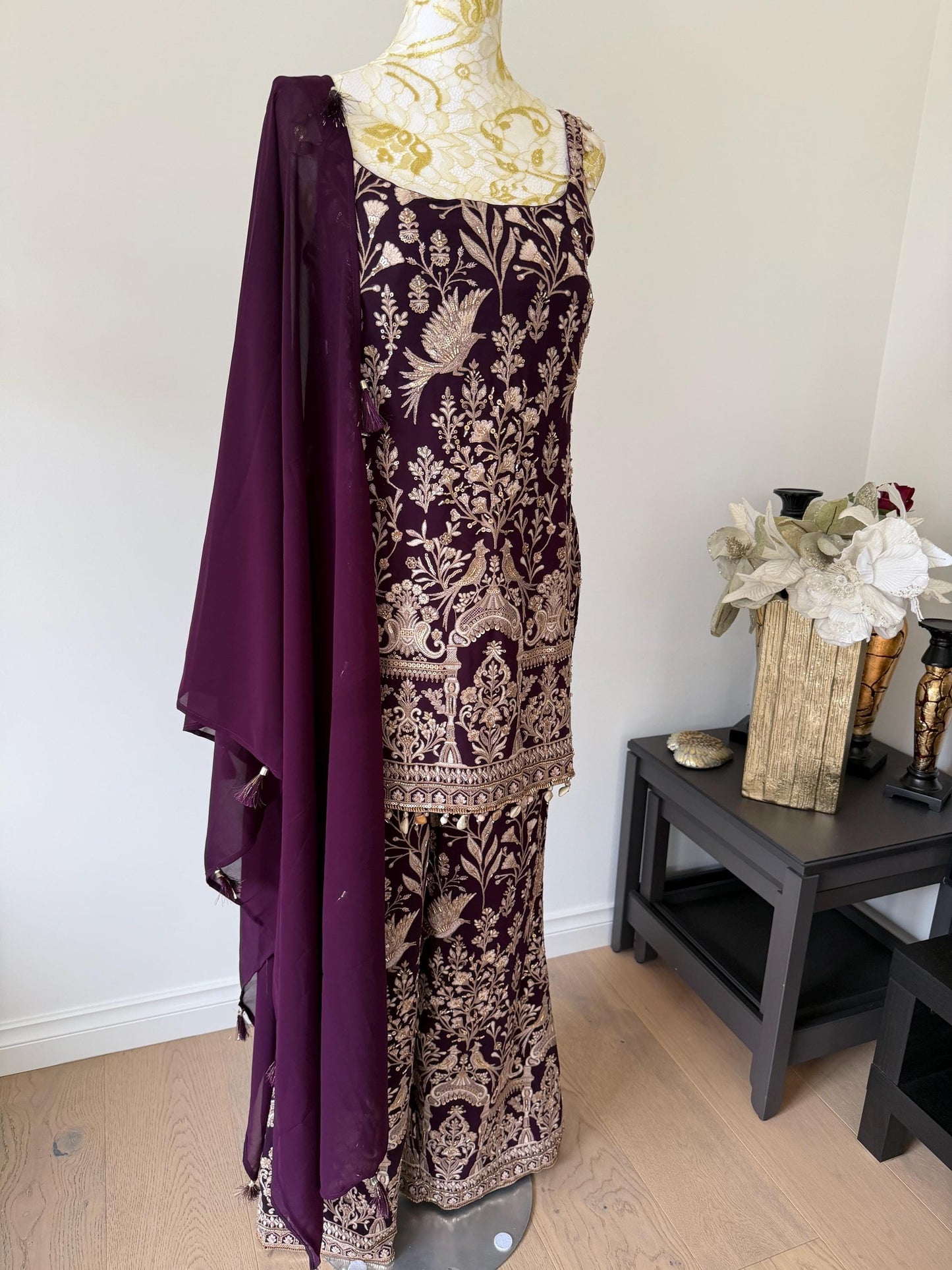Wine Embroidered Georgette Suit Set