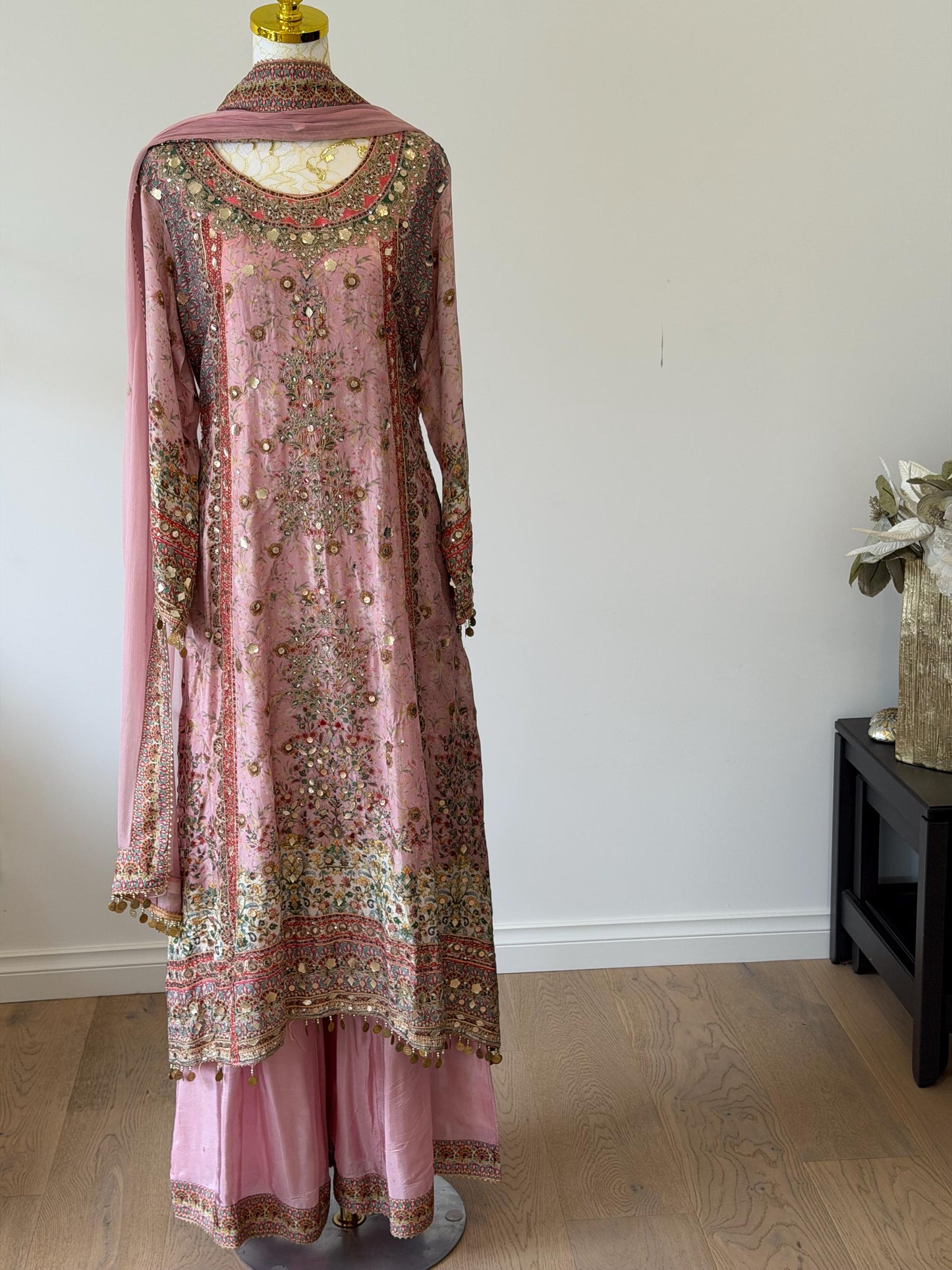 Dusty Pink Lavender Designer Plazo Suit Chiffon Dupatta