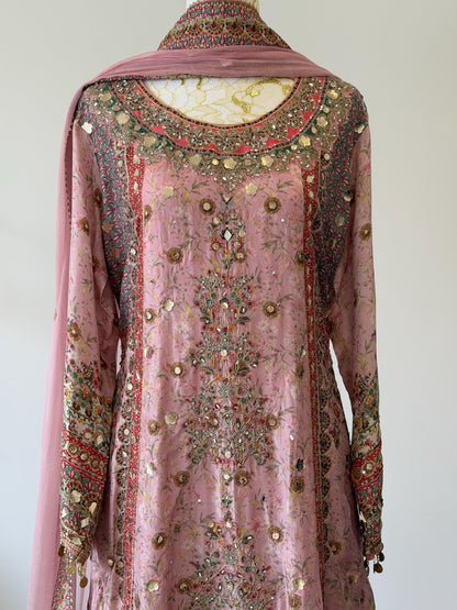 Dusty Pink Lavender Designer Plazo Suit Chiffon Dupatta