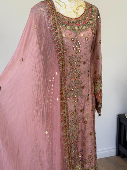 Dusty Pink Lavender Designer Plazo Suit Chiffon Dupatta