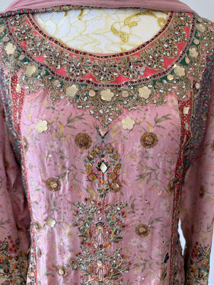 Dusty Pink Lavender Designer Plazo Suit Chiffon Dupatta