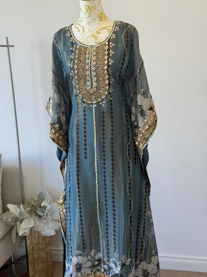 Embroidered Teal Kaftan Dress | Floral Print Modest Festive Wear