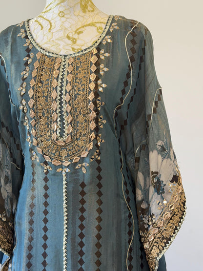 Embroidered Teal Kaftan Dress | Floral Print Modest Festive Wear