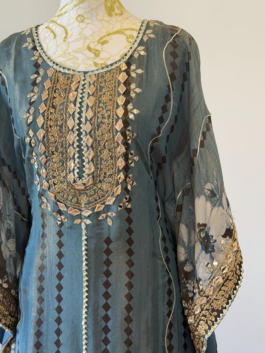 Embroidered Teal Kaftan Dress | Floral Print Modest Festive Wear