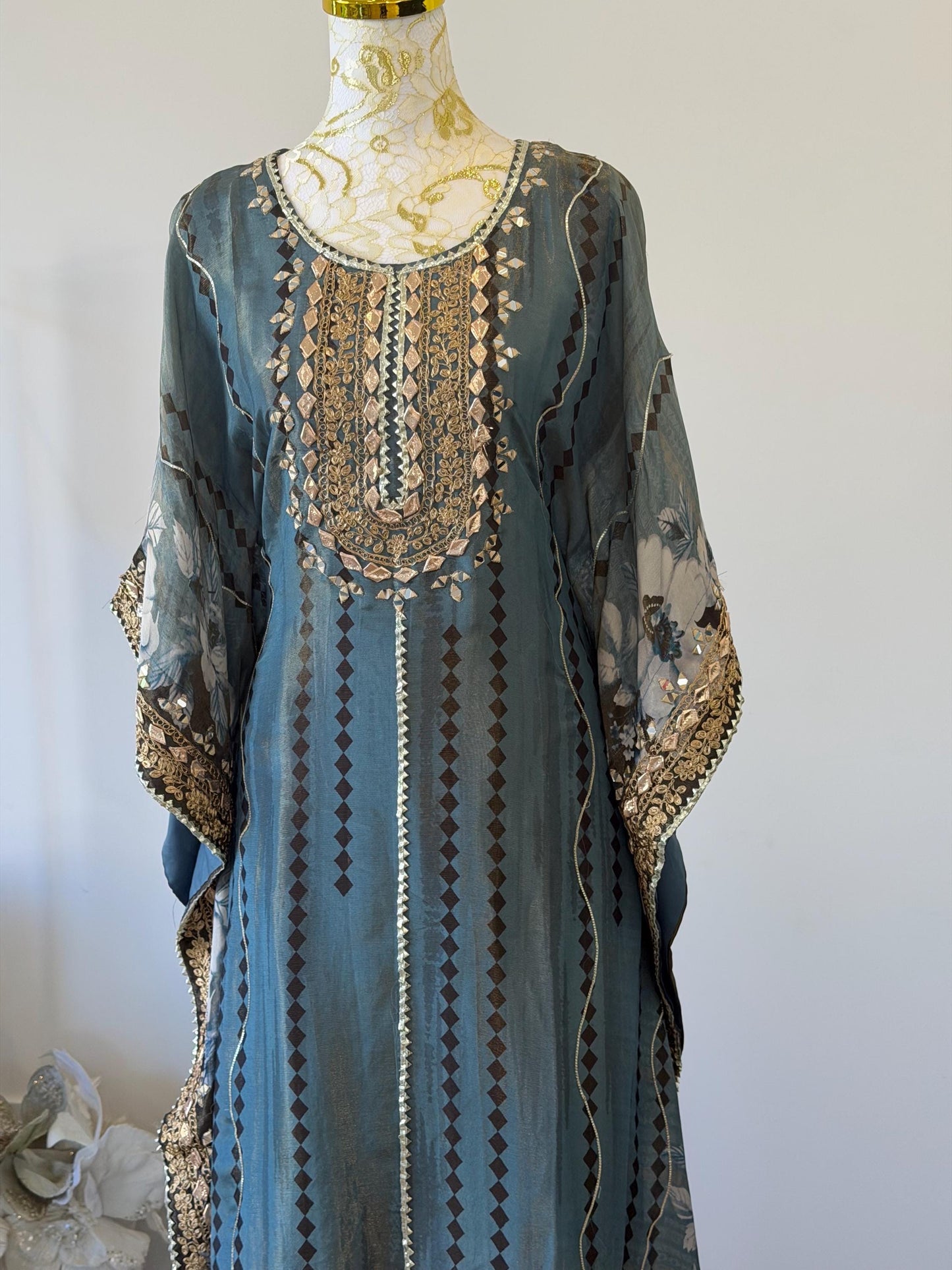 Embroidered Teal Kaftan Dress | Floral Print Modest Festive Wear