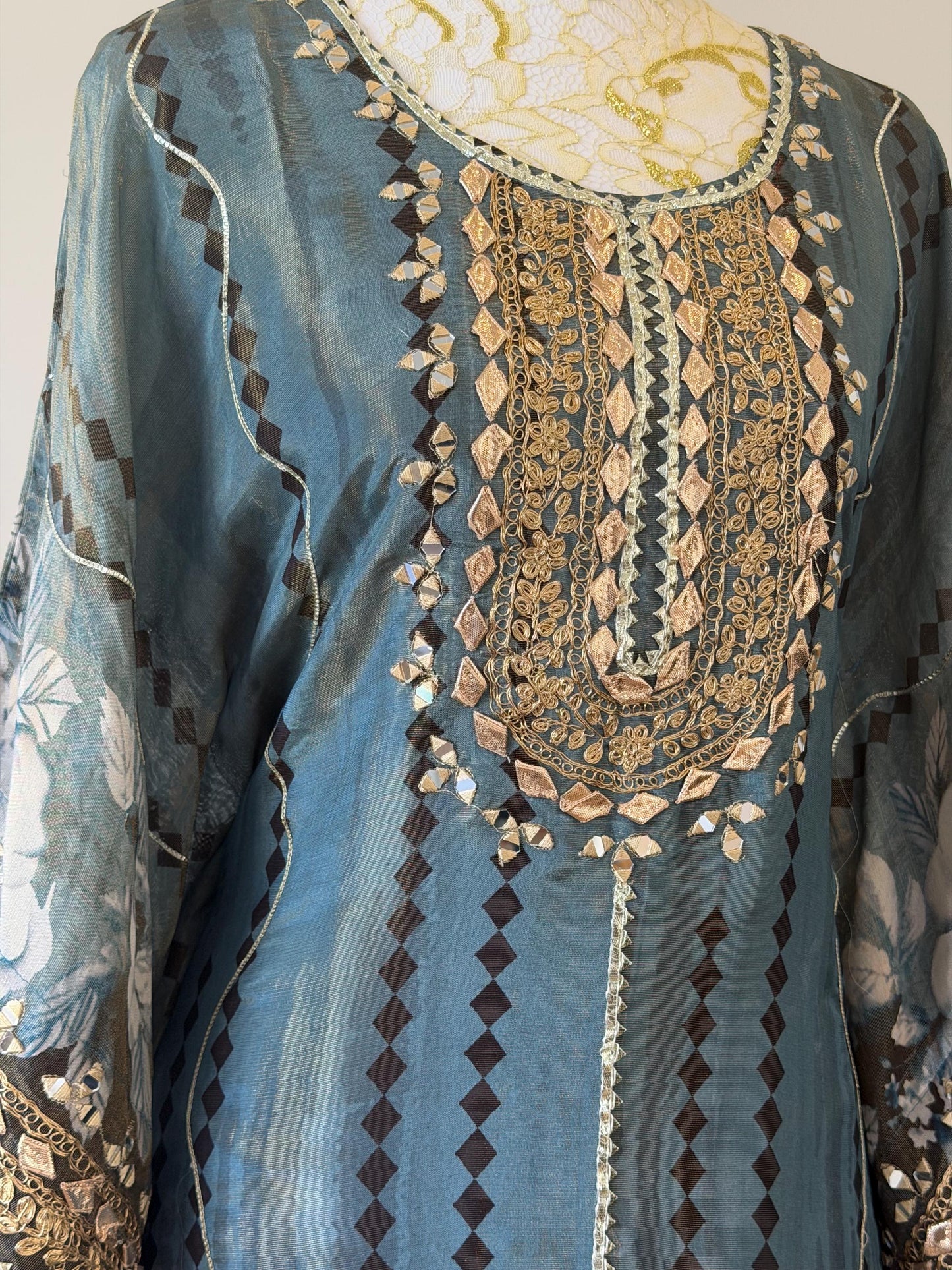 Embroidered Teal Kaftan Dress | Floral Print Modest Festive Wear
