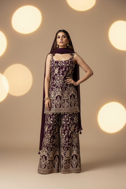 Wine Embroidered Georgette Suit Set