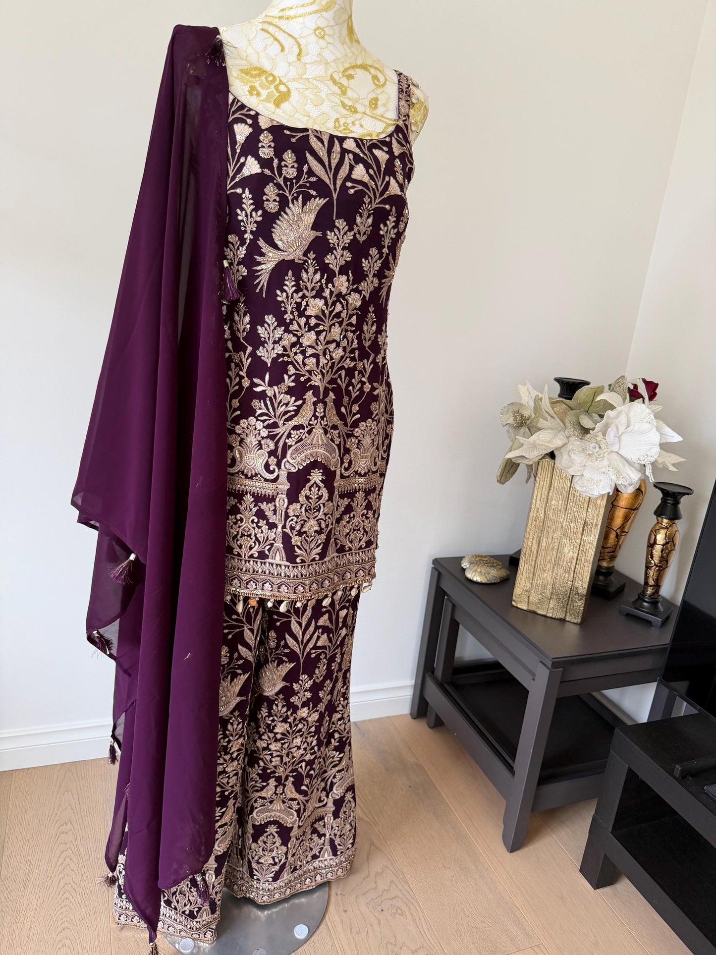 Wine Embroidered Georgette Suit Set