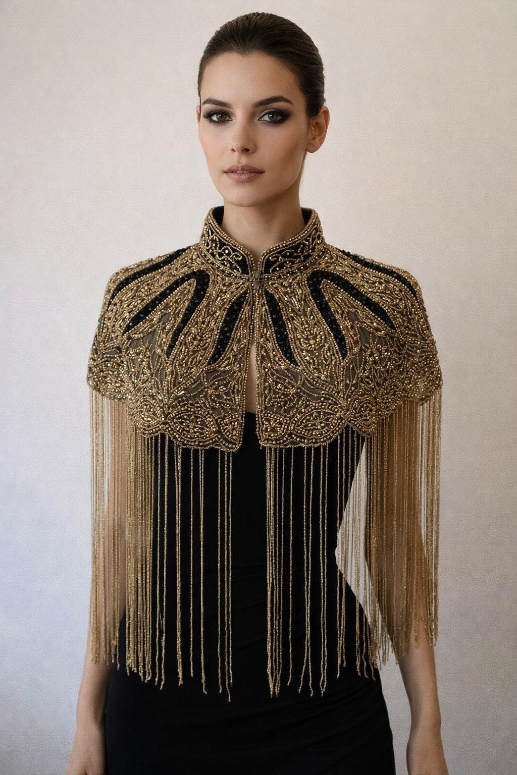 Black Gold Beaded Fringe Capelet