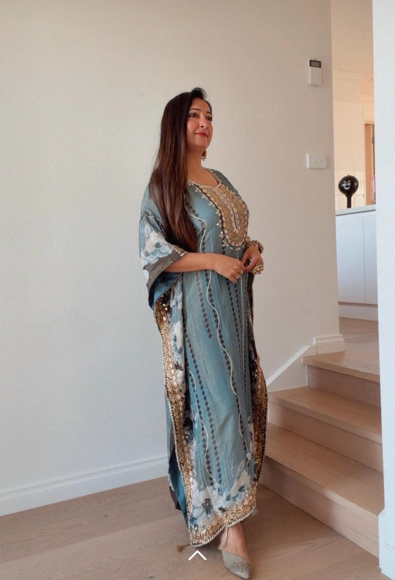 Embroidered Teal Kaftan Dress | Floral Print Modest Festive Wear
