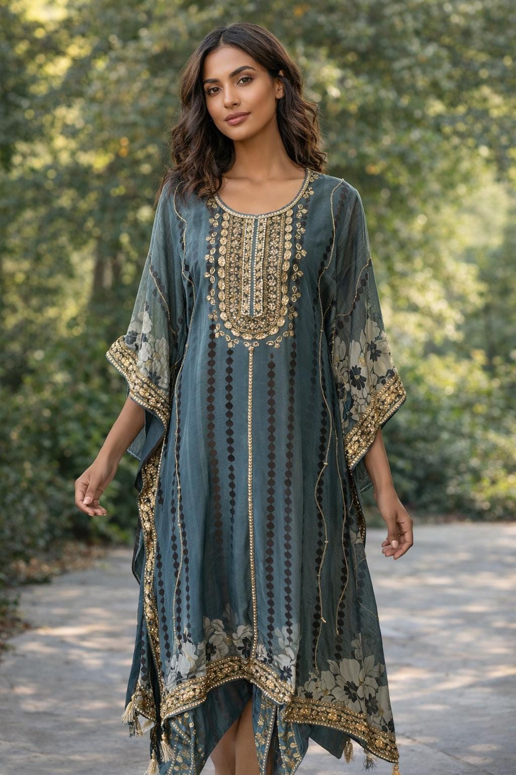 Embroidered Teal Kaftan Dress | Floral Print Modest Festive Wear