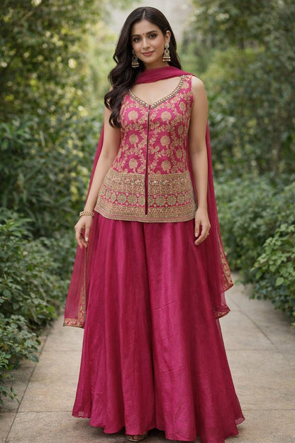 Vibrant Pink Brocade Silk Indo Western Outfit