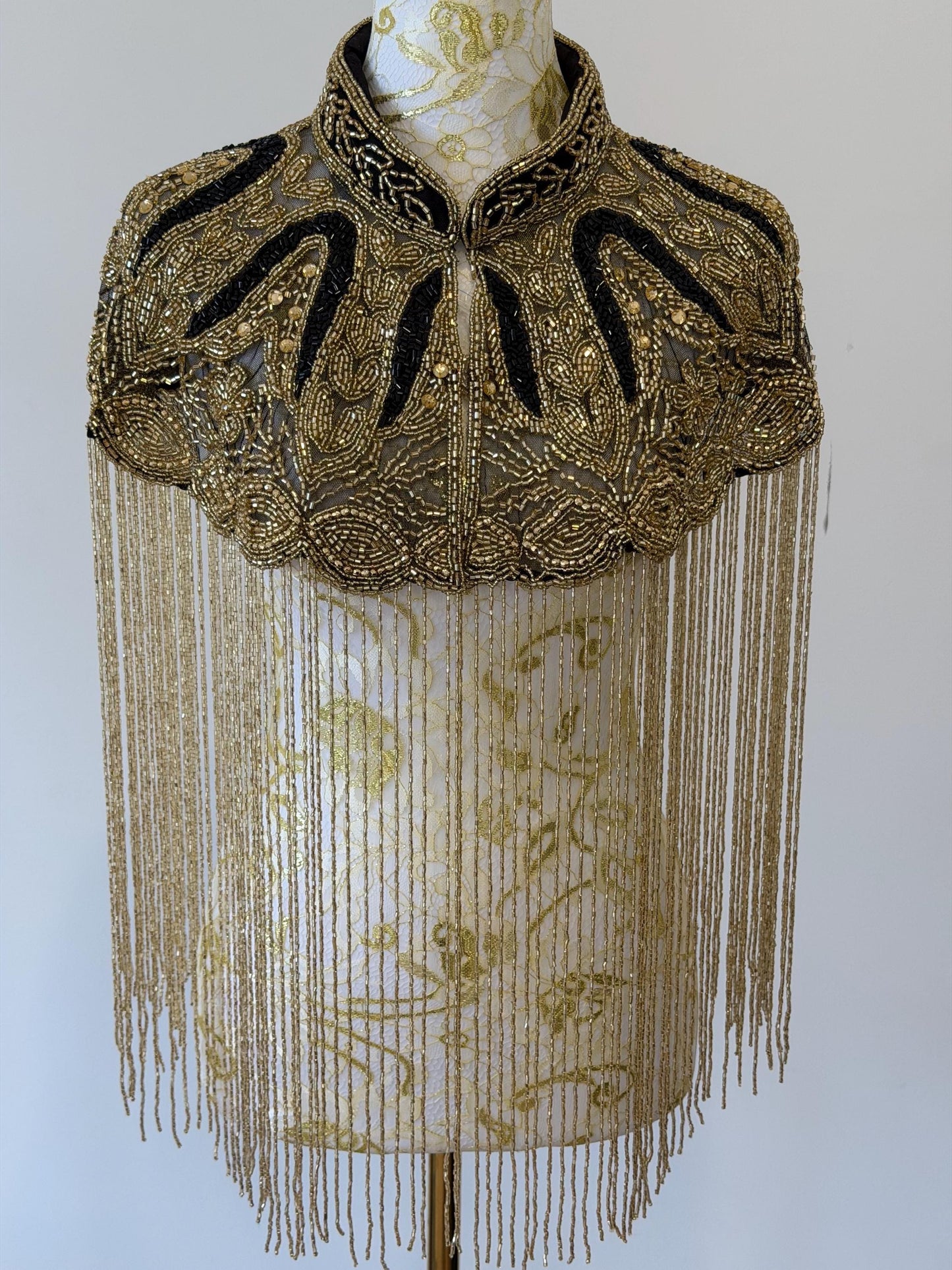 Black Gold Beaded Fringe Capelet
