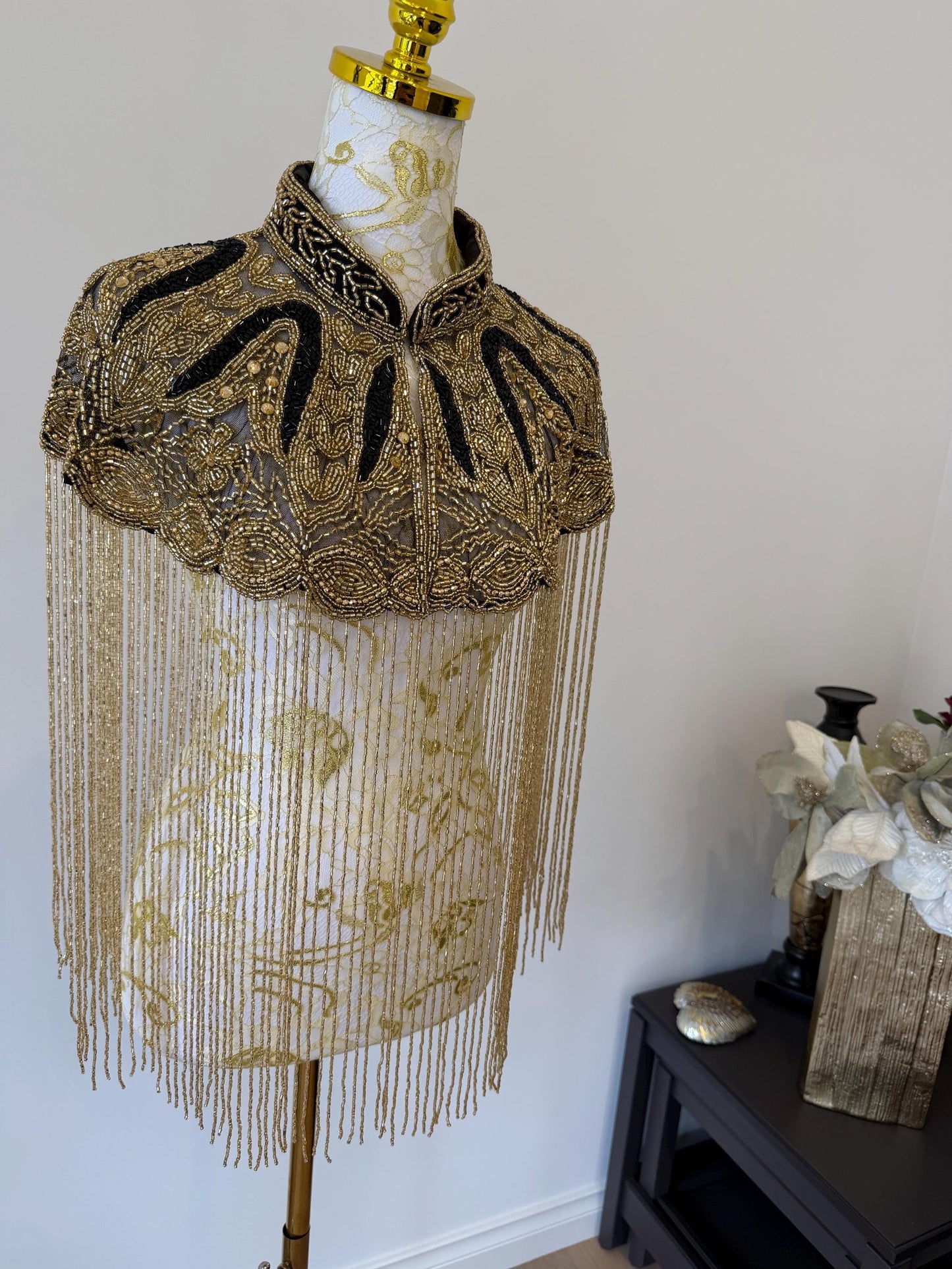 Black Gold Beaded Fringe Capelet