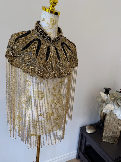 Black Gold Beaded Fringe Capelet