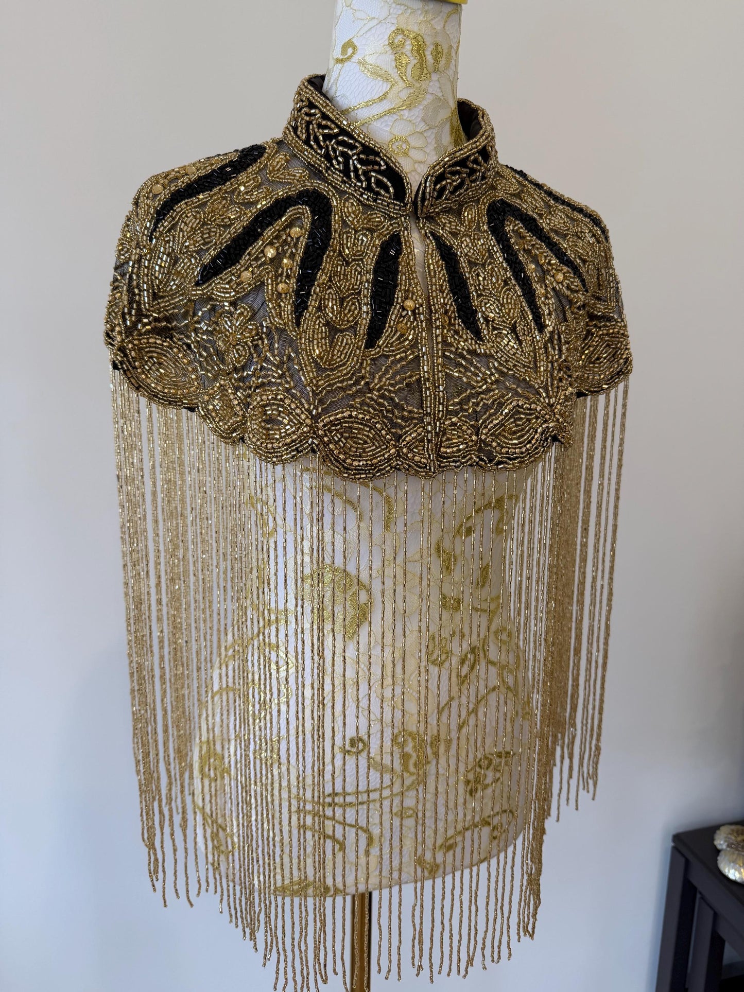 Black Gold Beaded Fringe Capelet