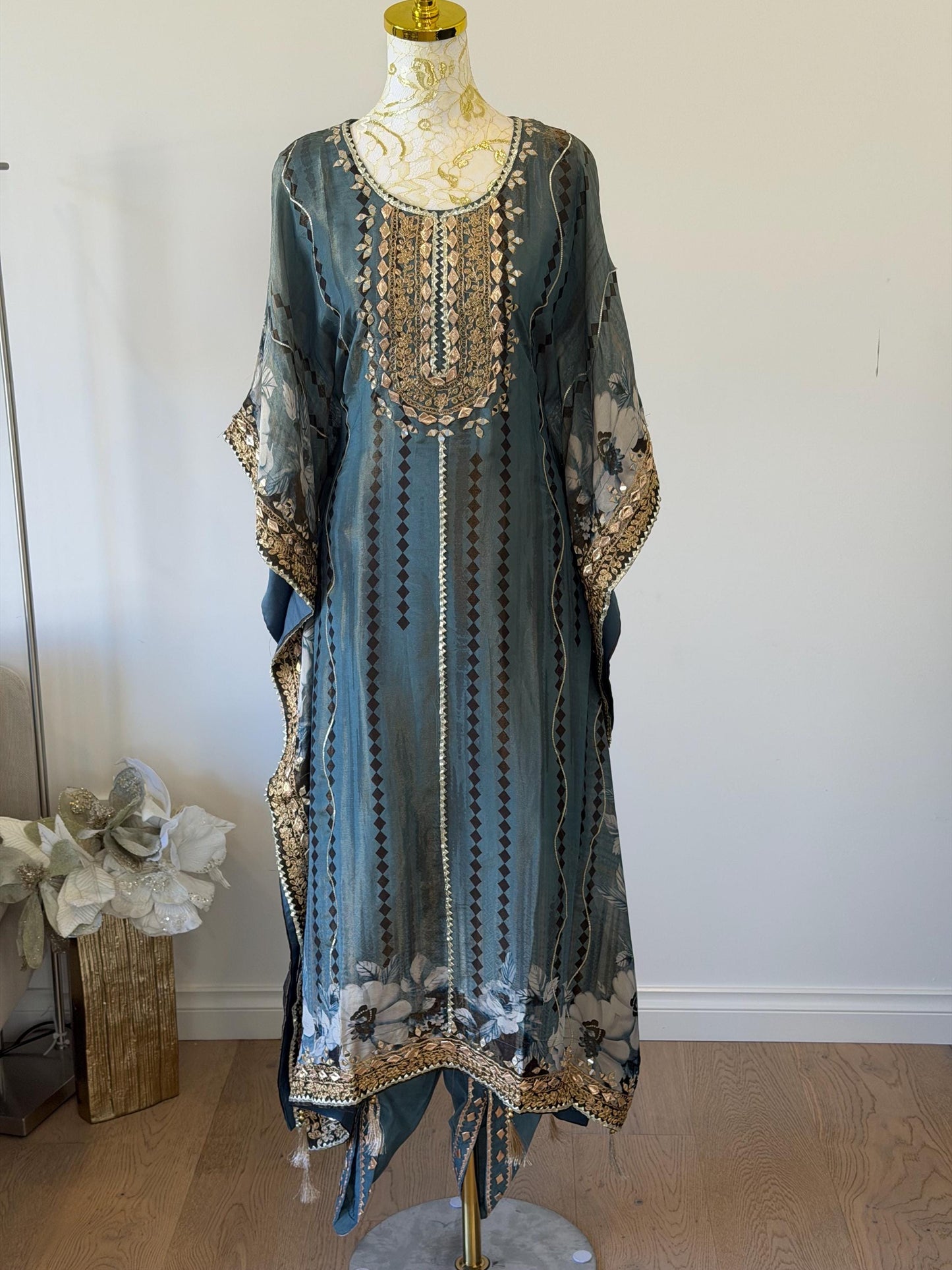 Embroidered Teal Kaftan Dress | Floral Print Modest Festive Wear