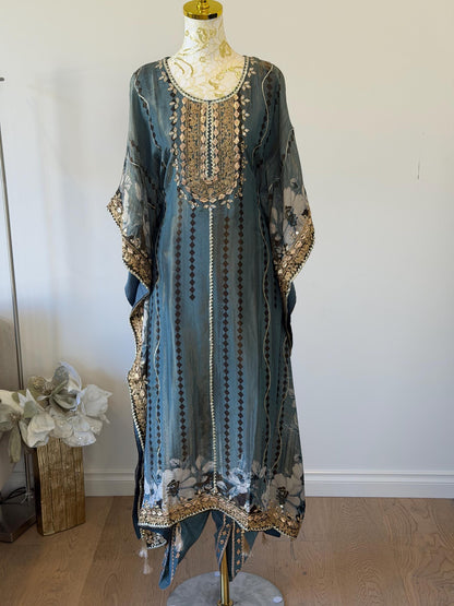 Embroidered Teal Kaftan Dress | Floral Print Modest Festive Wear