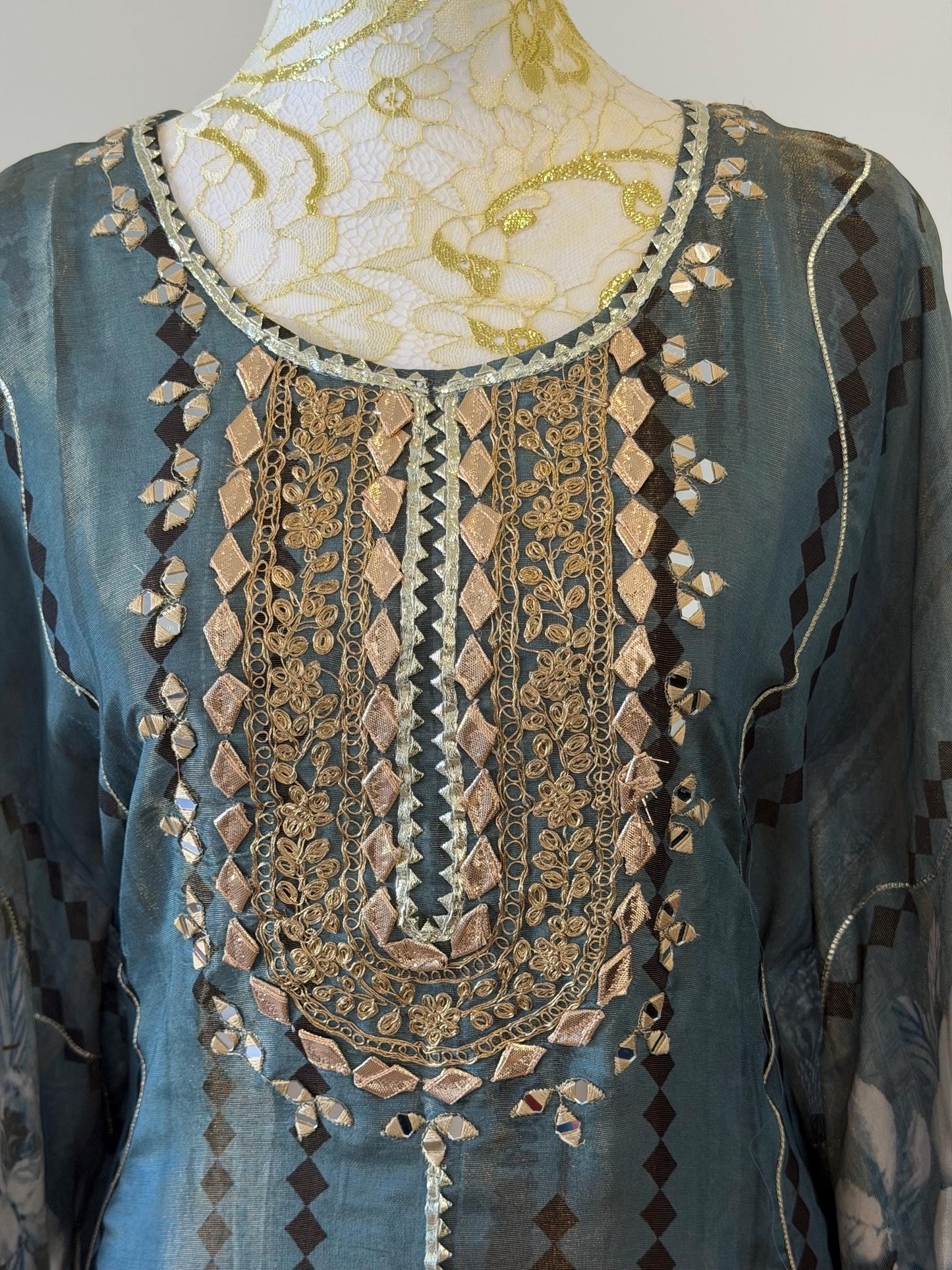 Embroidered Teal Kaftan Dress | Floral Print Modest Festive Wear