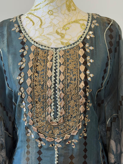 Embroidered Teal Kaftan Dress | Floral Print Modest Festive Wear