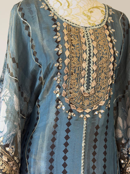 Embroidered Teal Kaftan Dress | Floral Print Modest Festive Wear