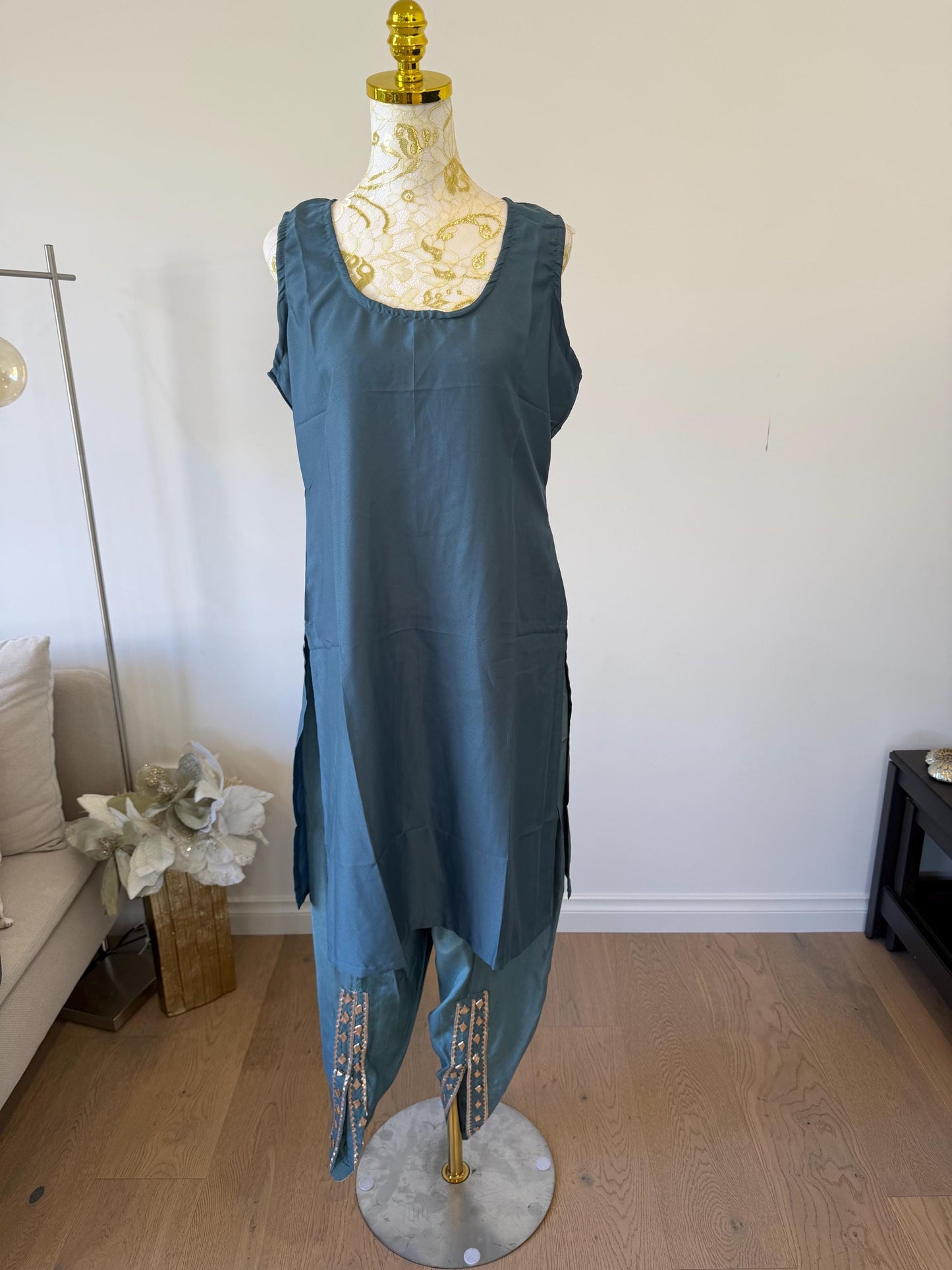 Embroidered Teal Kaftan Dress | Floral Print Modest Festive Wear