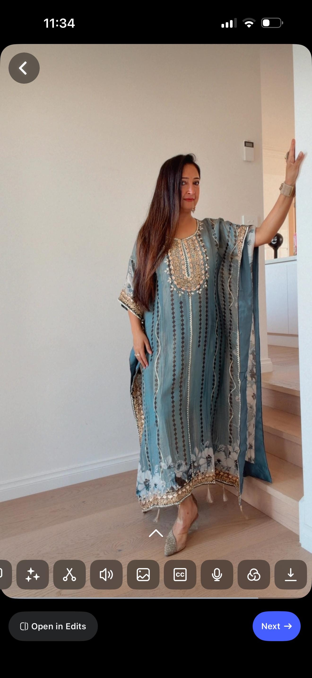 Embroidered Teal Kaftan Dress | Floral Print Modest Festive Wear