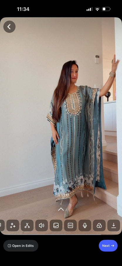 Embroidered Teal Kaftan Dress | Floral Print Modest Festive Wear