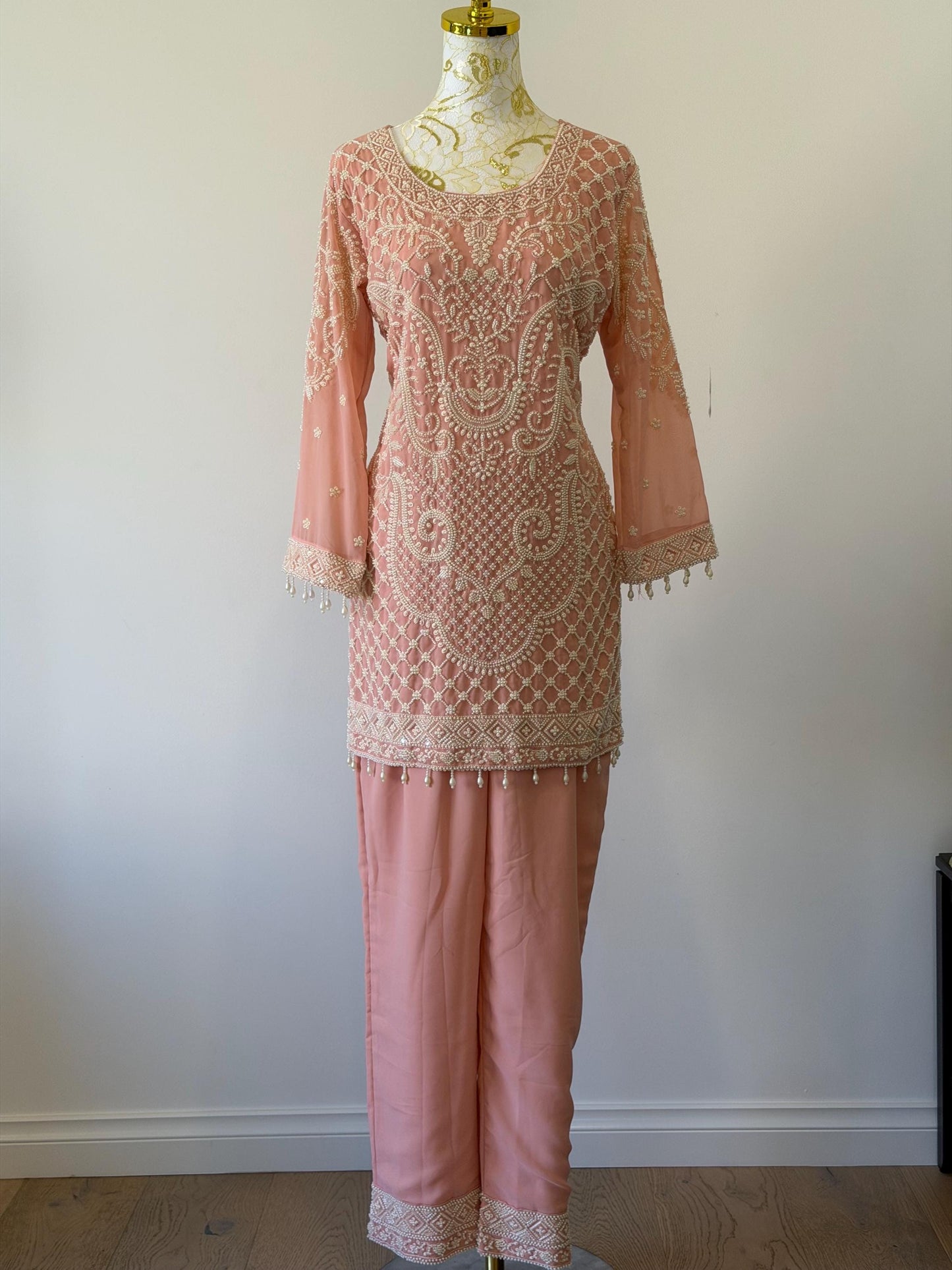 Peach Georgette Suit Set with Pearl Embroidery