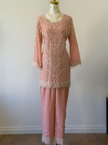 Peach Georgette Suit Set with Pearl Embroidery