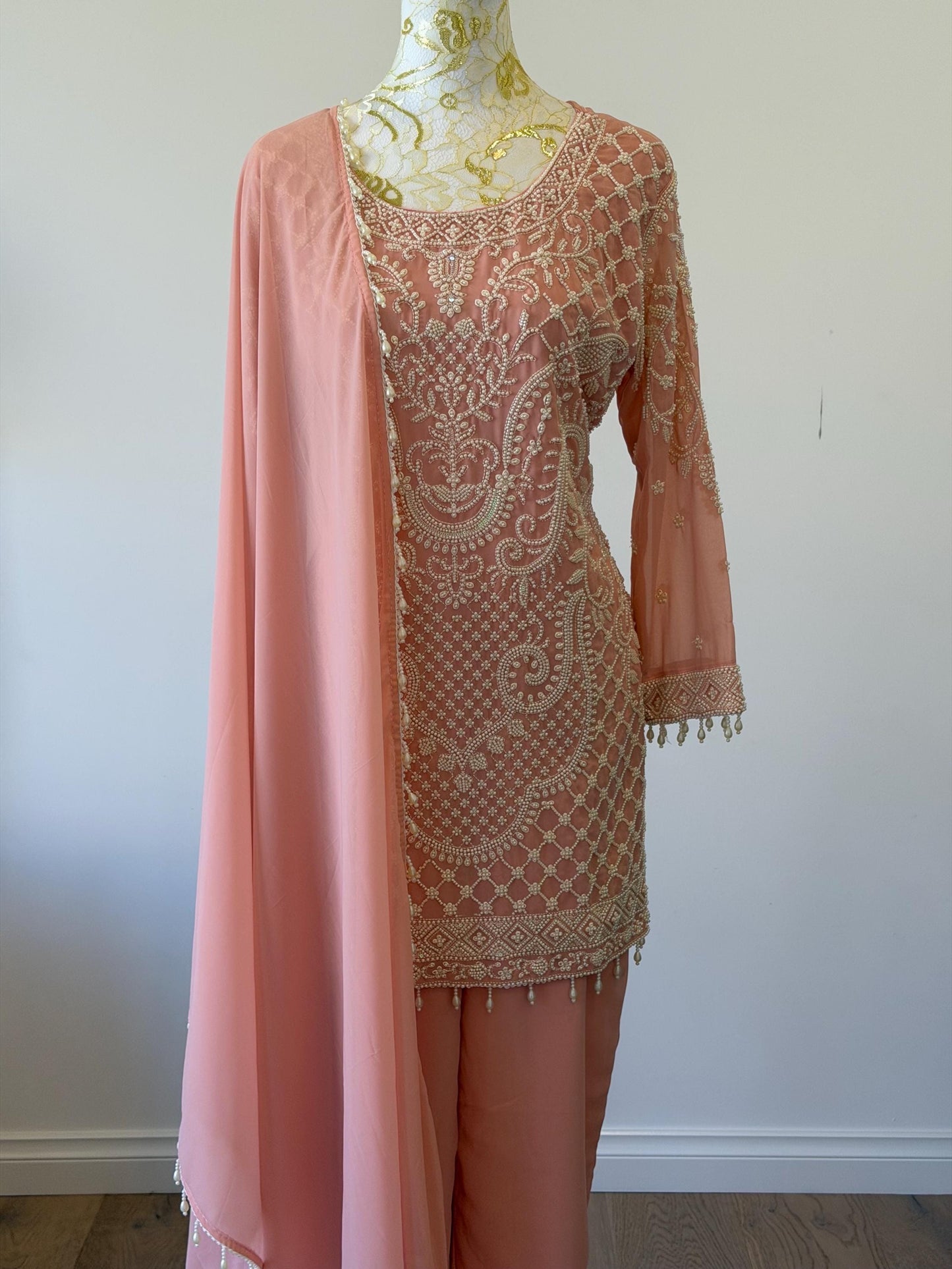 Peach Georgette Suit Set with Pearl Embroidery