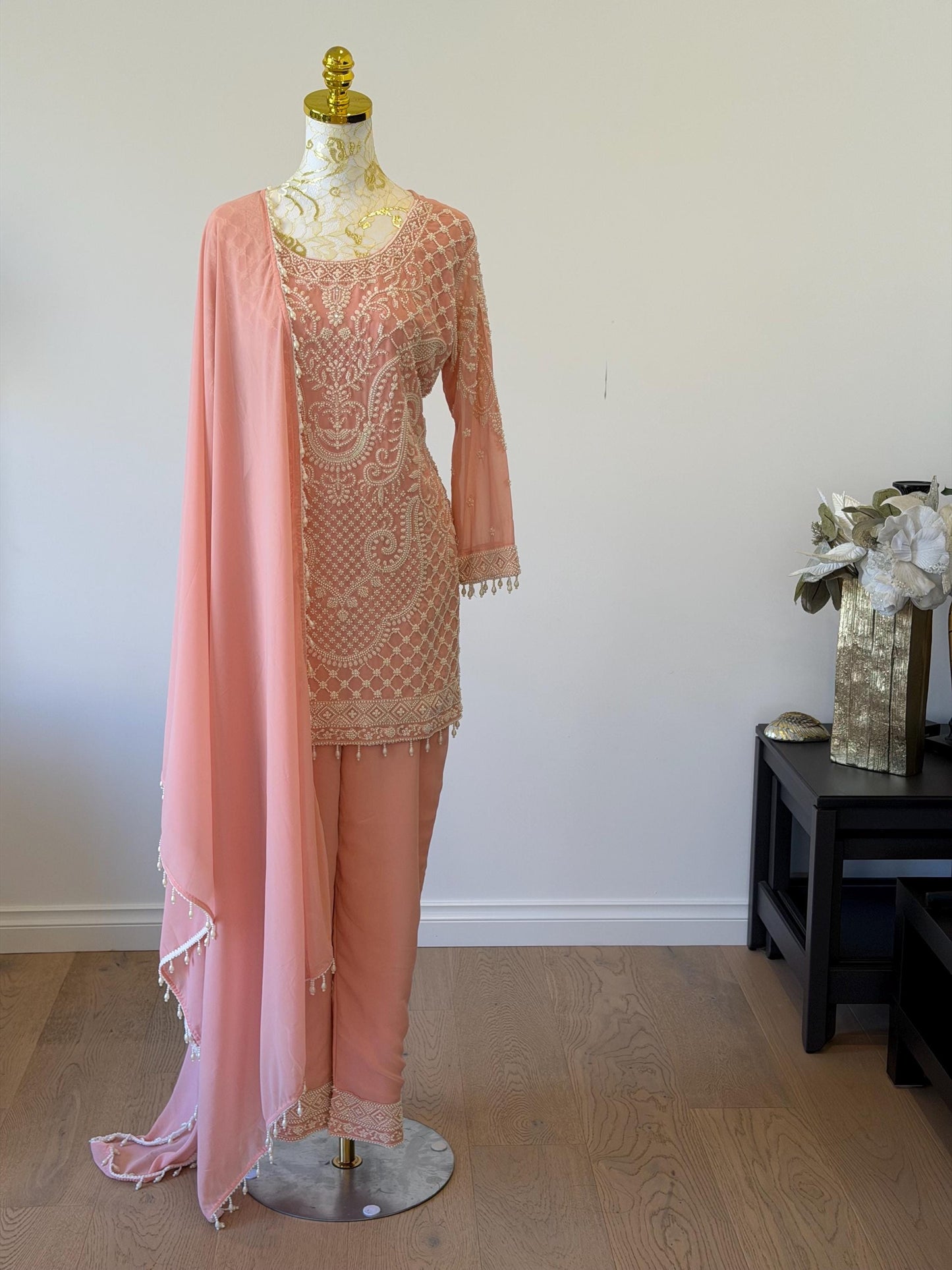 Peach Georgette Suit Set with Pearl Embroidery