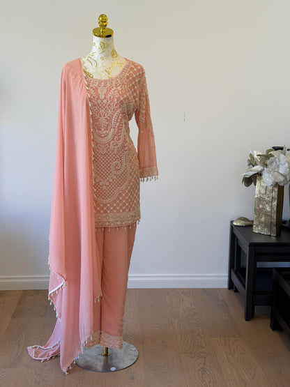 Peach Georgette Suit Set with Pearl Embroidery