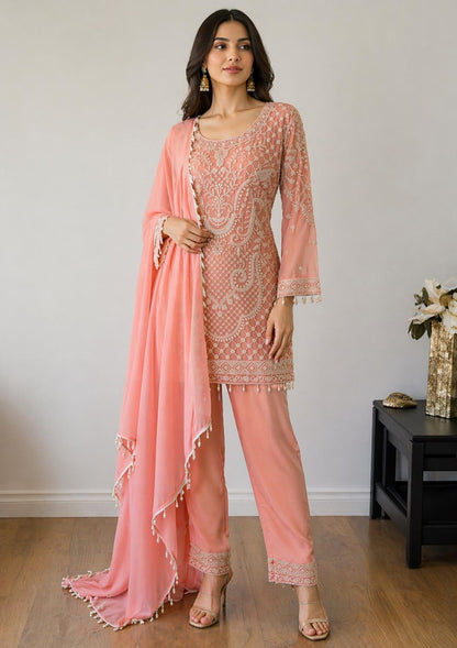 Peach Georgette Suit Set with Pearl Embroidery