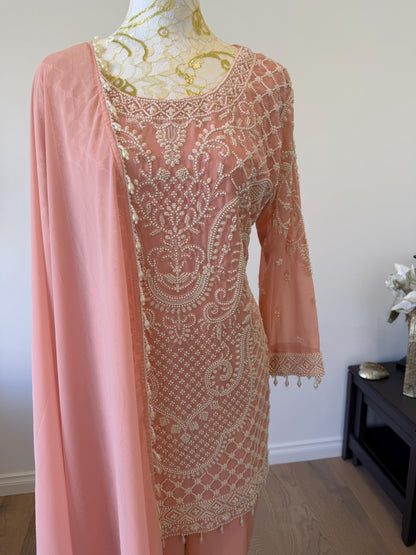 Peach Georgette Suit Set with Pearl Embroidery