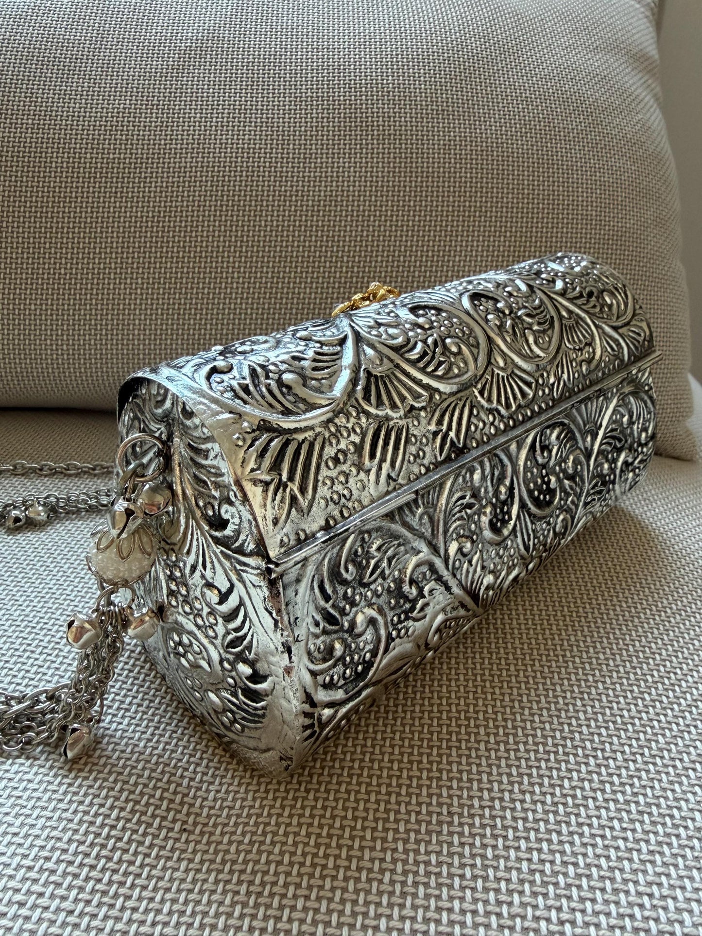 Oxidised Metal Clutch Bag, Ethnic Statement Bag with Stone Work