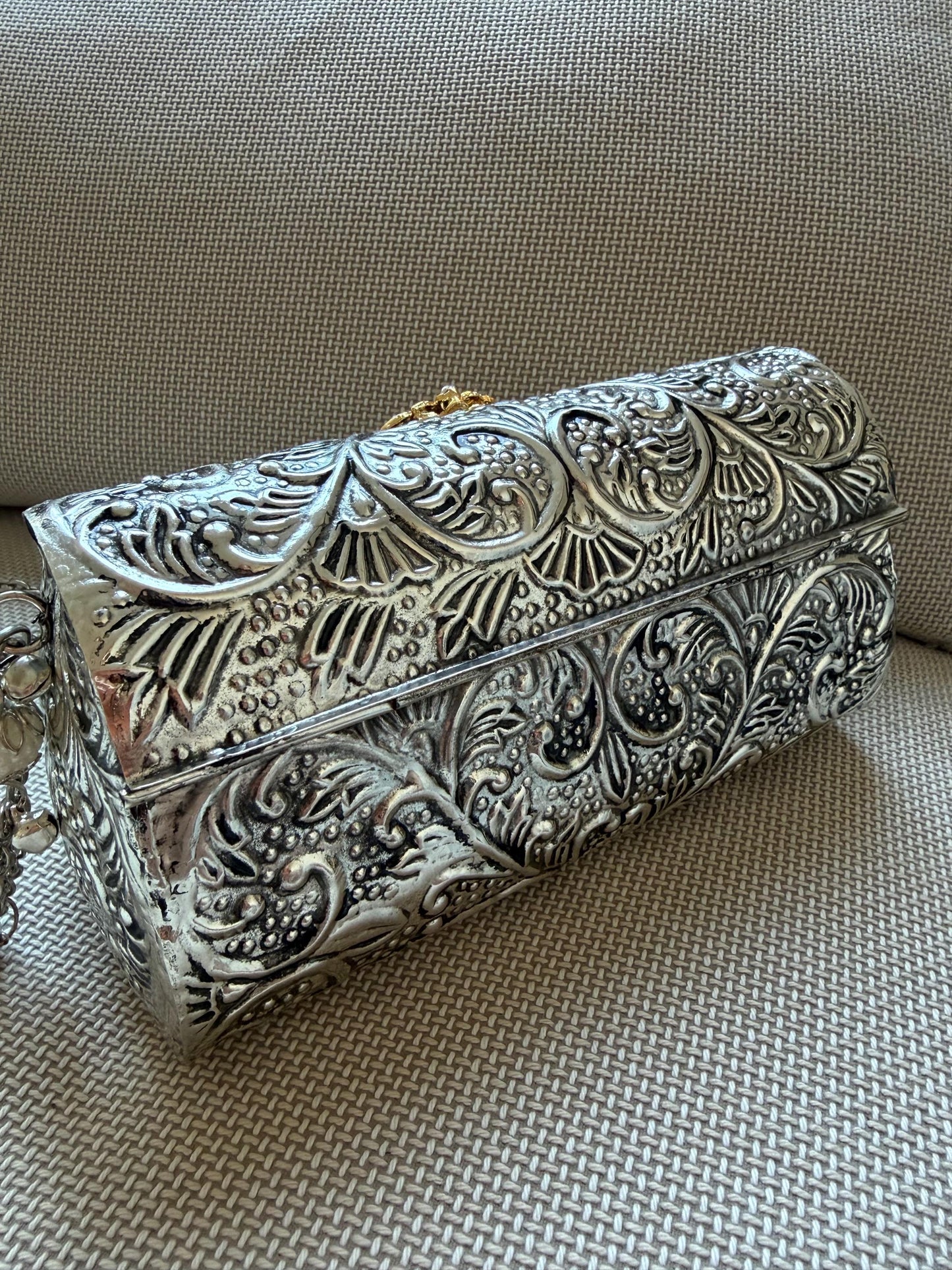 Oxidised Metal Clutch Bag, Ethnic Statement Bag with Stone Work