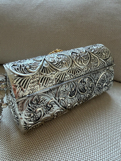 Oxidised Metal Clutch Bag, Ethnic Statement Bag with Stone Work