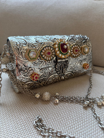 Oxidised Metal Clutch Bag, Ethnic Statement Bag with Stone Work