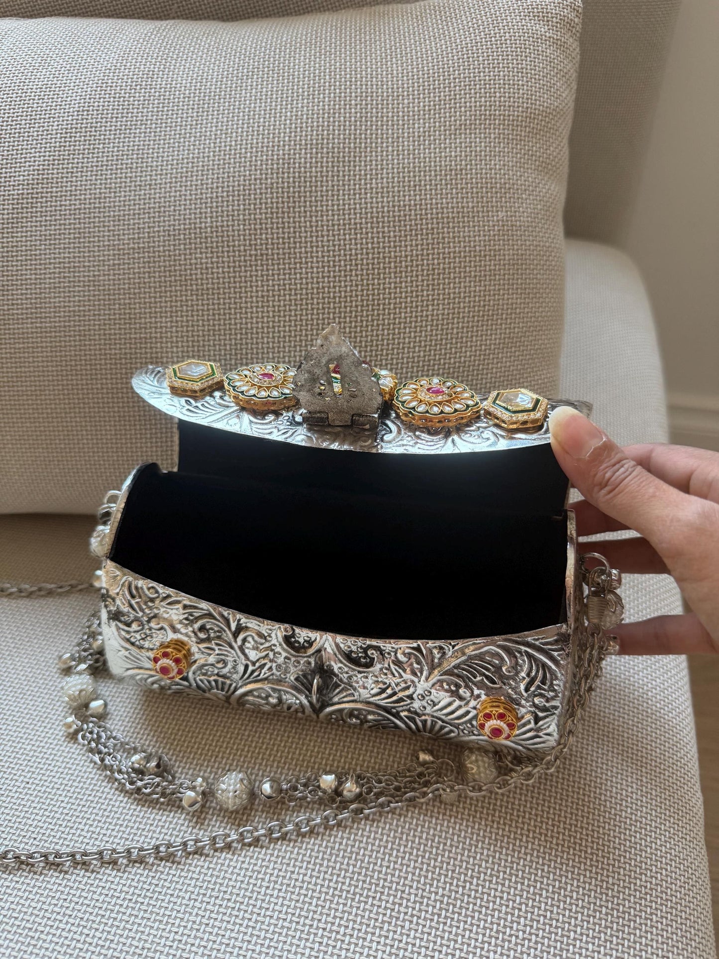 Oxidised Metal Clutch Bag, Ethnic Statement Bag with Stone Work
