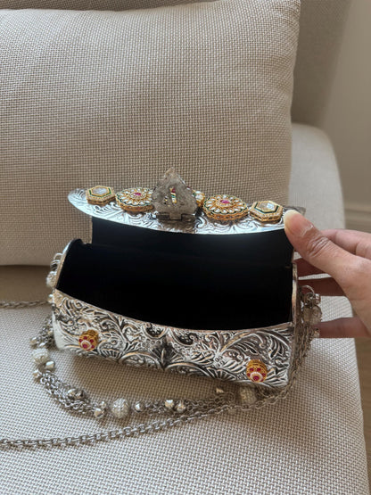 Oxidised Metal Clutch Bag, Ethnic Statement Bag with Stone Work