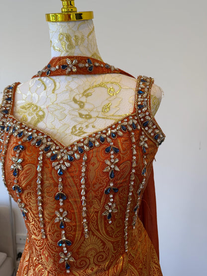 Orange Brocade Silk Indo Western Set