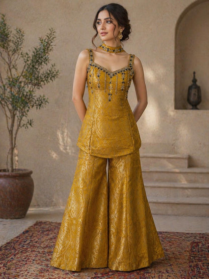 Mustard Brocade Silk Indo Western Set