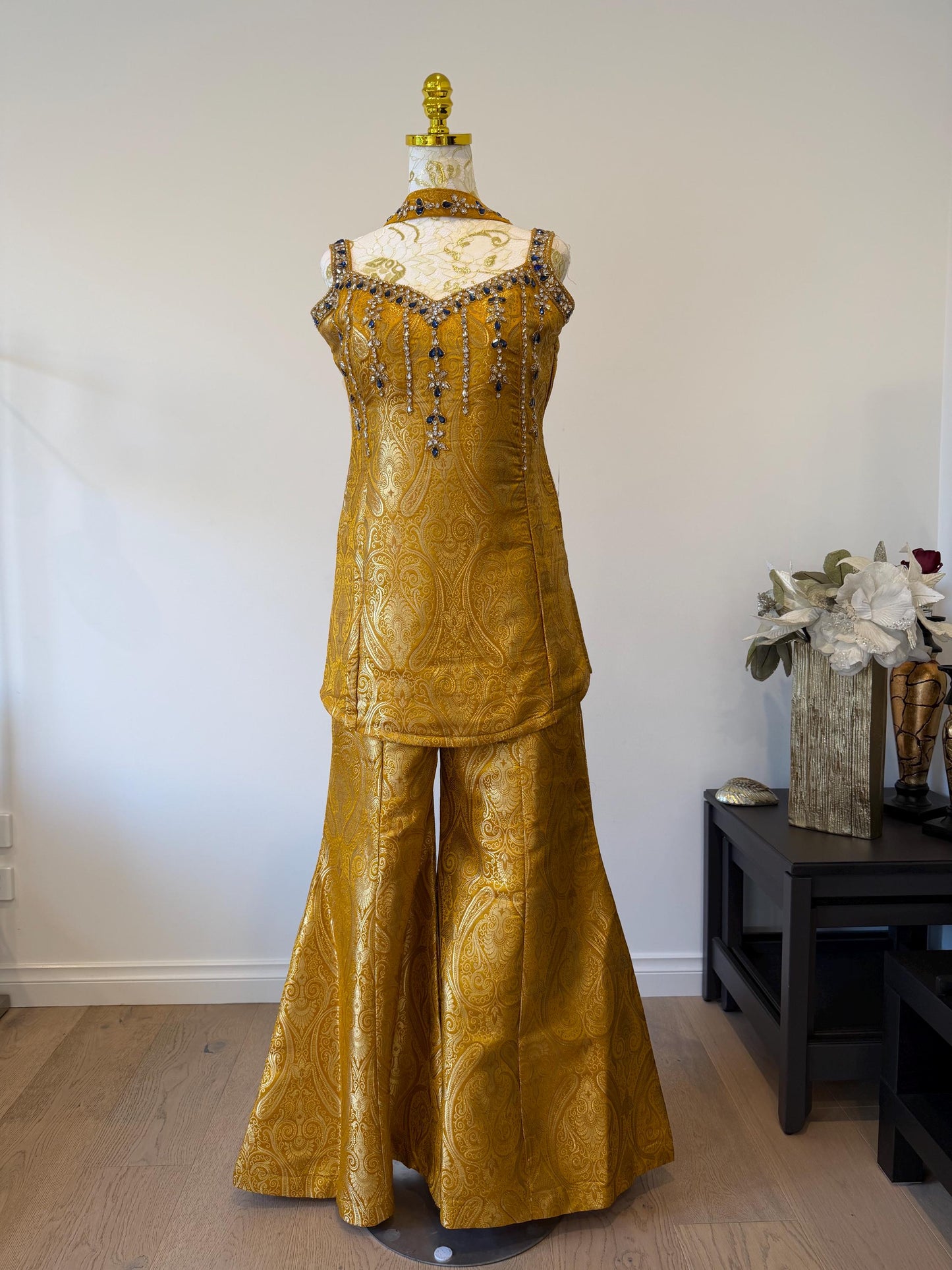 Mustard Brocade Silk Indo Western Set
