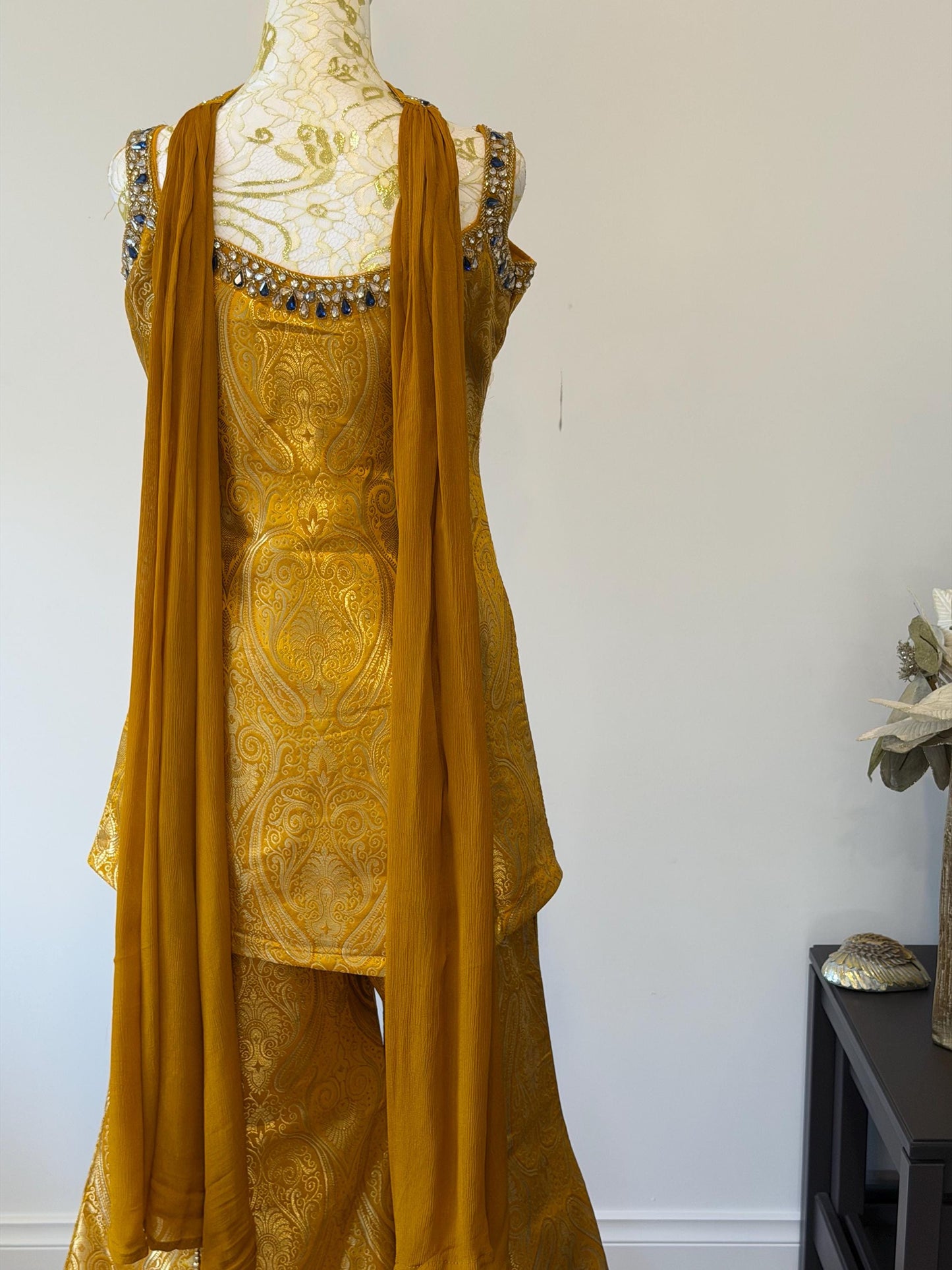 Mustard Brocade Silk Indo Western Set