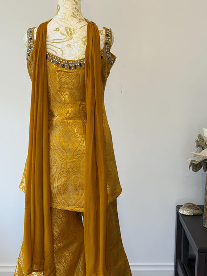 Mustard Brocade Silk Indo Western Set