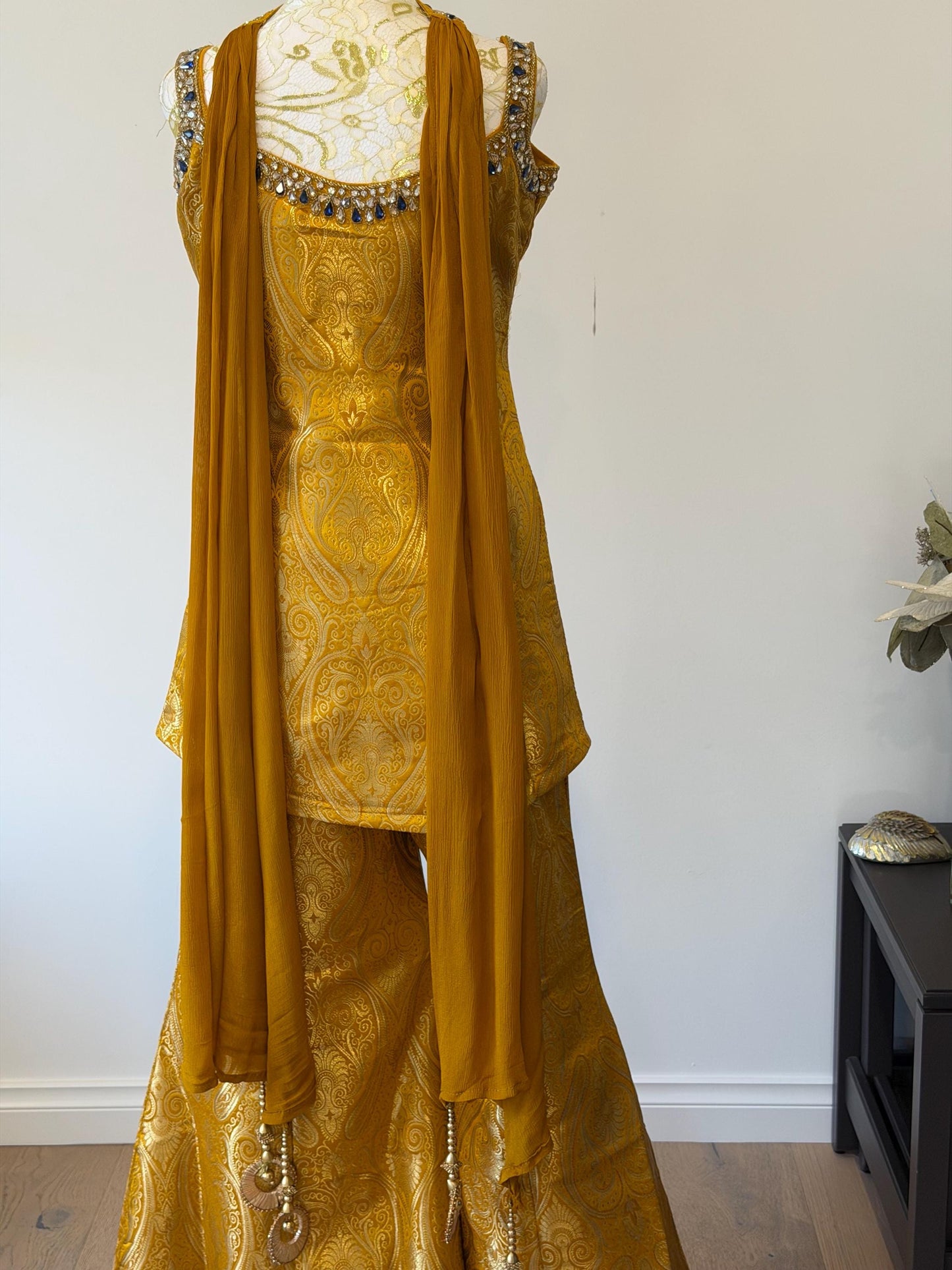 Mustard Brocade Silk Indo Western Set